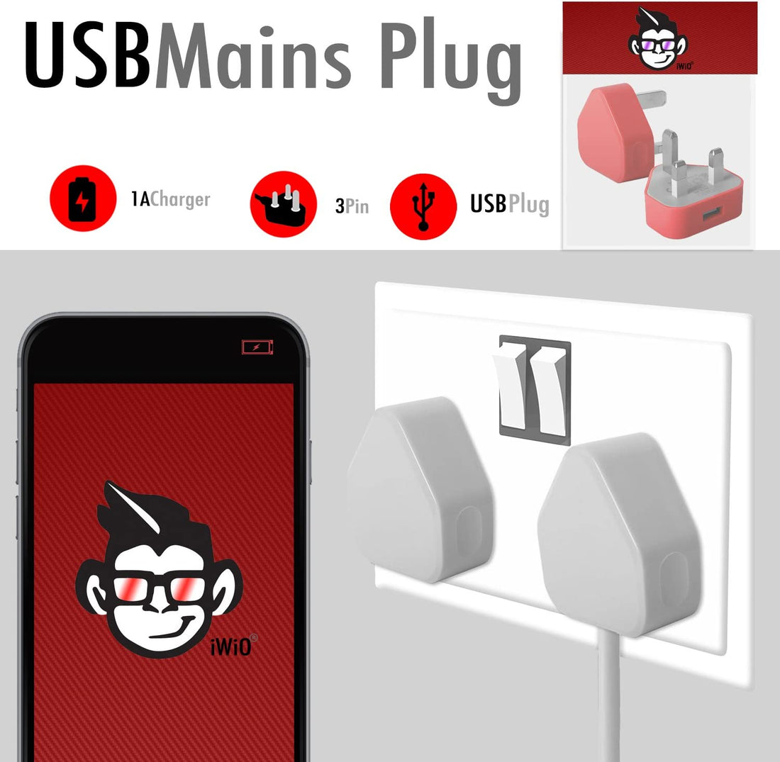 Mains 3-Pin UK Plug USB 1AMP & USB Charger compatible with Apple iPhone 3G/3GS/4/4s, iPad 1/2/3, iPod Touch 1/2/3/4, iPod Classic, iPod Nano 1/2/3/4/5/6 - WHITE