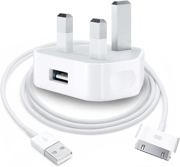 Mains 3-Pin UK Plug USB 1AMP & USB Charger compatible with Apple iPhone 3G/3GS/4/4s, iPad 1/2/3, iPod Touch 1/2/3/4, iPod Classic, iPod Nano 1/2/3/4/5/6 - WHITE